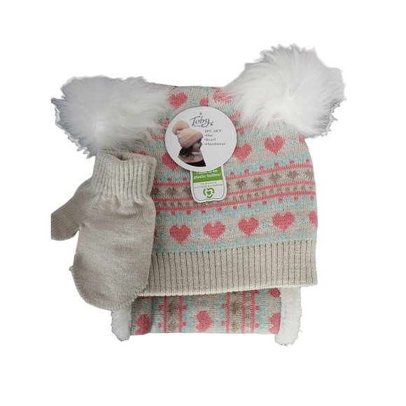Toby Me Girls 3 Piece Infinity Scarf Handwear Teal Tan Pink Heart Fur PomPom Hat - Picture 1 of 9